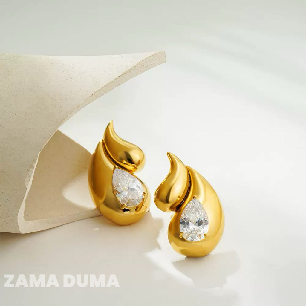 Bold Sculpted Silver Statement Earrings, Teardrop Flame Zircon Crystal, Elegant Fine‑Dining & Cocktail Evening Jewelry for Women | Zama Duma