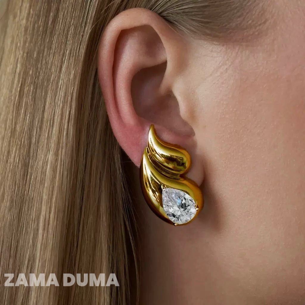 Bold Sculpted Silver Statement Earrings, Teardrop Flame Zircon Crystal, Elegant Fine‑Dining & Cocktail Evening Jewelry for Women | Zama Duma