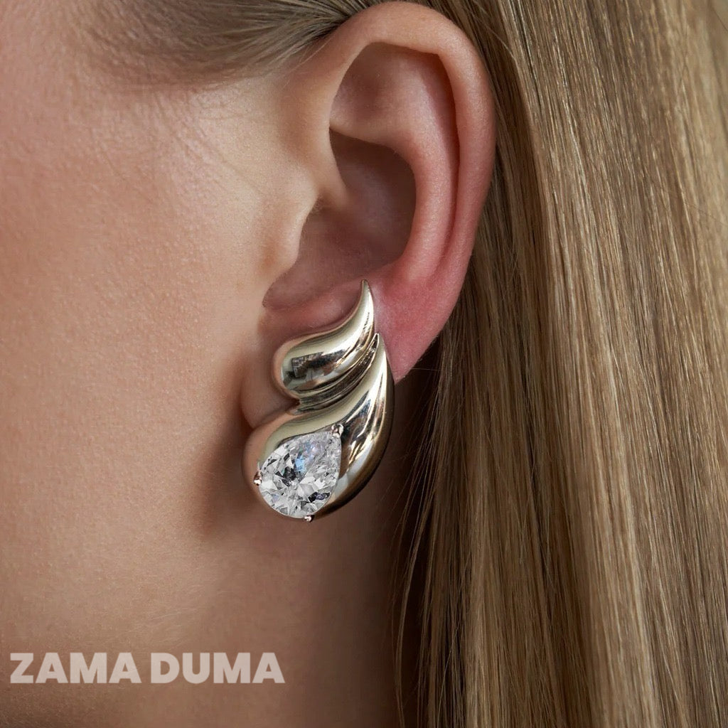 Bold Sculpted Silver Statement Earrings, Teardrop Flame Zircon Crystal, Elegant Fine‑Dining & Cocktail Evening Jewelry for Women | Zama Duma