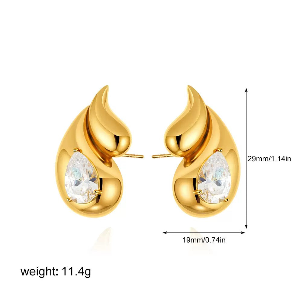Bold Sculpted Silver Statement Earrings, Teardrop Flame Zircon Crystal, Elegant Fine‑Dining & Cocktail Evening Jewelry for Women | Zama Duma