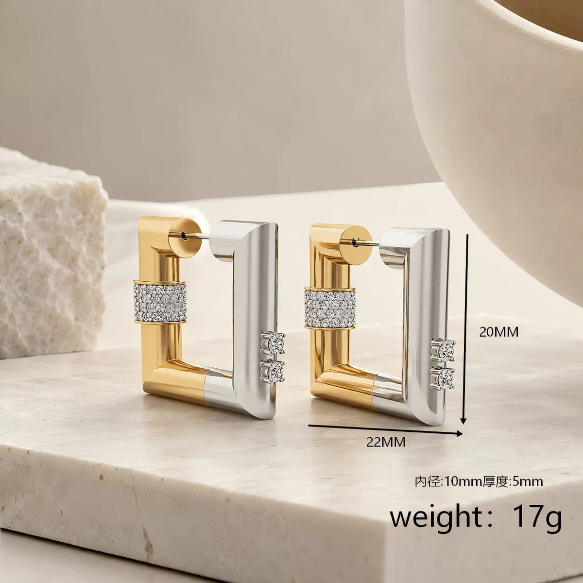 Chunky Sculptural Square‑Lock Hoop Earrings, Two‑Tone Gold Silver with Pavé Crystals | ZamaDuma