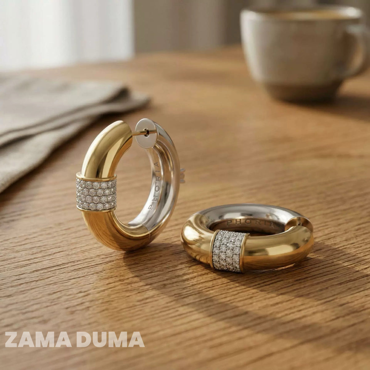 Chunky Sculptural Square‑Lock Hoop Earrings, Two‑Tone Gold Silver with Pavé Crystals | ZamaDuma