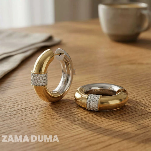 Chunky Sculptural Square‑Lock Hoop Earrings, Two‑Tone Gold Silver with Pavé Crystals | ZamaDuma