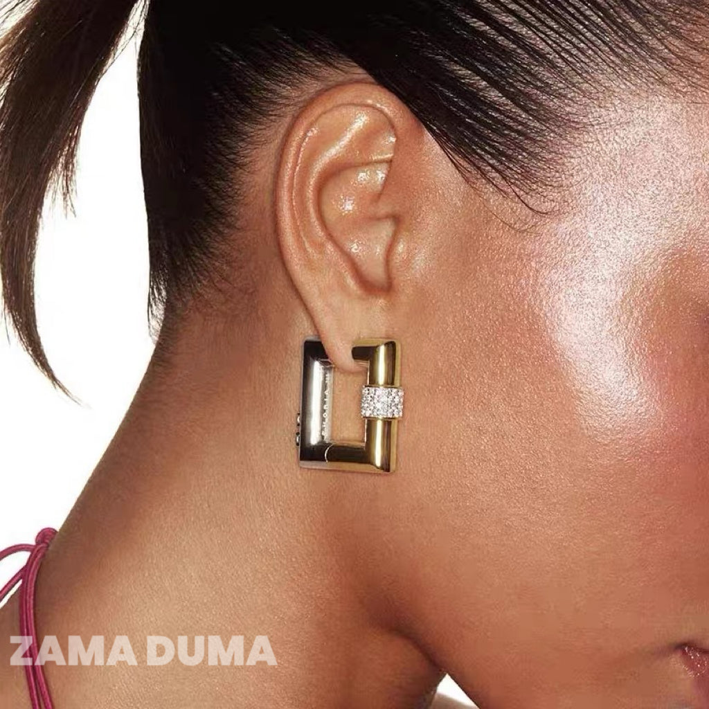 Chunky Sculptural Square‑Lock Hoop Earrings, Two‑Tone Gold Silver with Pavé Crystals | ZamaDuma