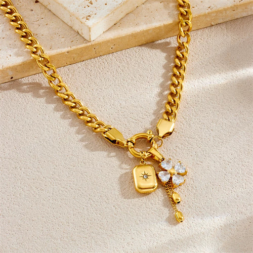 Diamond Flower Mango Star Square Pendant Fringe Chain Jewelry Set | gold tone Stainless Steel | wterproof | Necklaces and bracelets | effortless elegant Niche | luxury Fashion gift for her