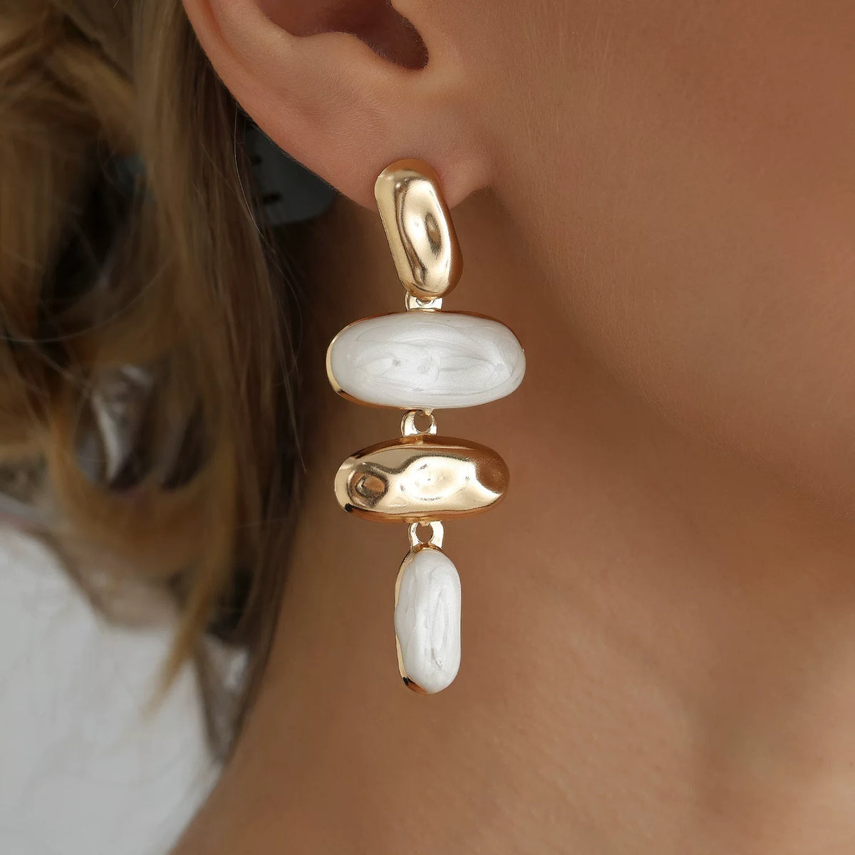 French sculptural multi oval dangle earrings geometric mixed metal silver needle retro multi-elements earrings statement daily wear light luxury