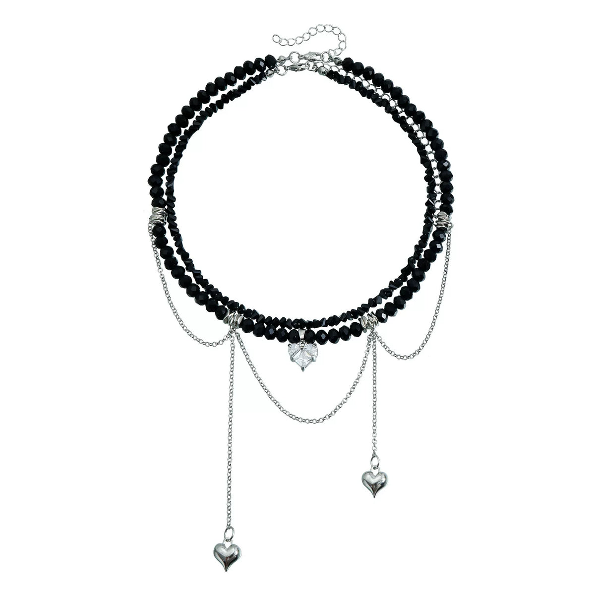 Mixed Elements metal heart pendant Zircon CZ Double Chain Tassel Necklace | Gold Alloy | INS Light Luxury Premium Multi-material | Collarbone Chain Women