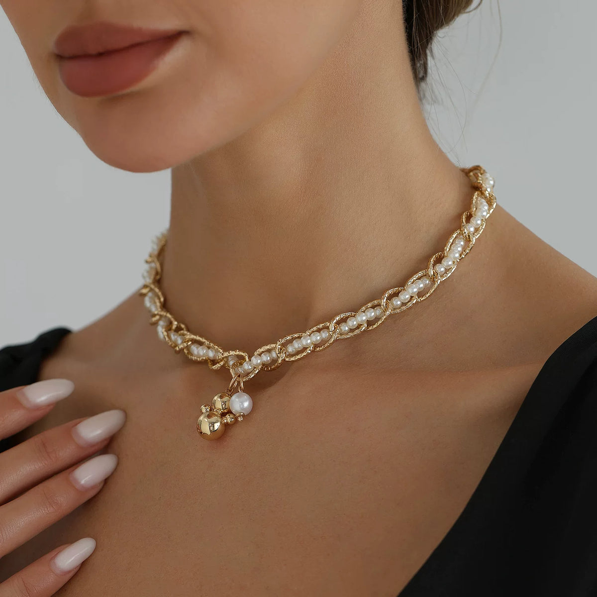 Twisted Metal Chain Wrapped Freshwater Pearl Pendant Necklace, Sculptural Tarnish Resistant Titanium Steel Everyday Jewelry