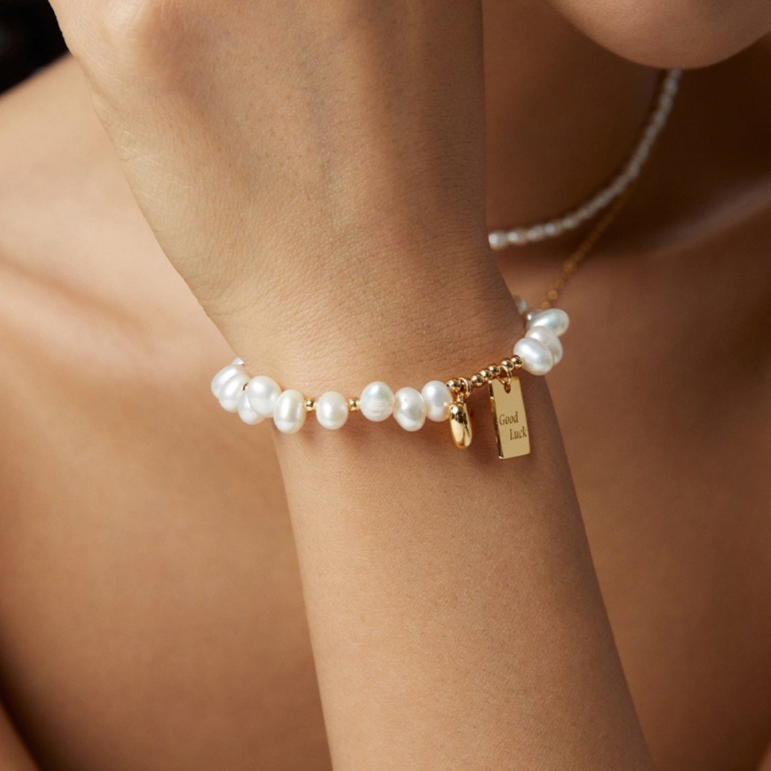 Pearl Lucky Square Love Bracelet | Gold Plated | Coquette Old Money | Versatile Daily Jewelry Women