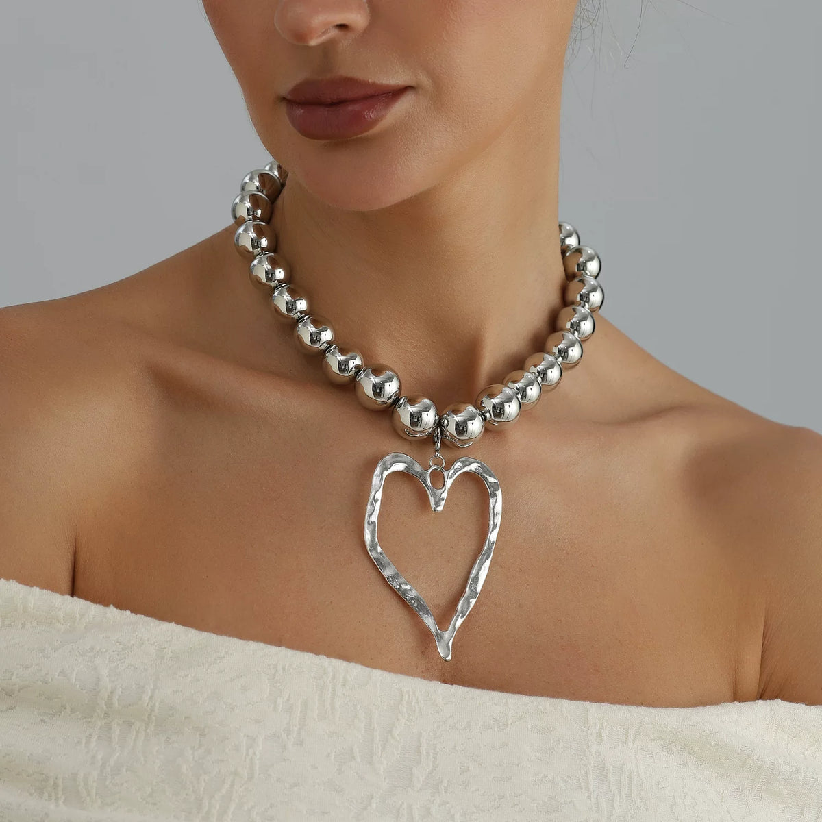 large oversized Metal Beads Zinc Alloy Big Love Pendant Necklace Silver Metal cool tone sculptural Versatile Daily bold statement jewelry