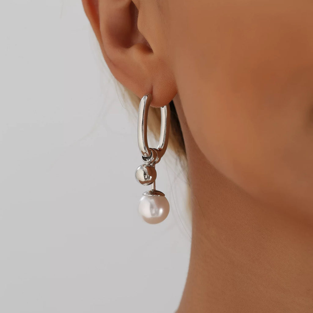 Metal mix with Pear l U-shaped Hollow Geometric Pendant Ear Buckle | Zinc Alloy | Mixed Elements | Minimalist Niche | Fashion Simple silver cold tone