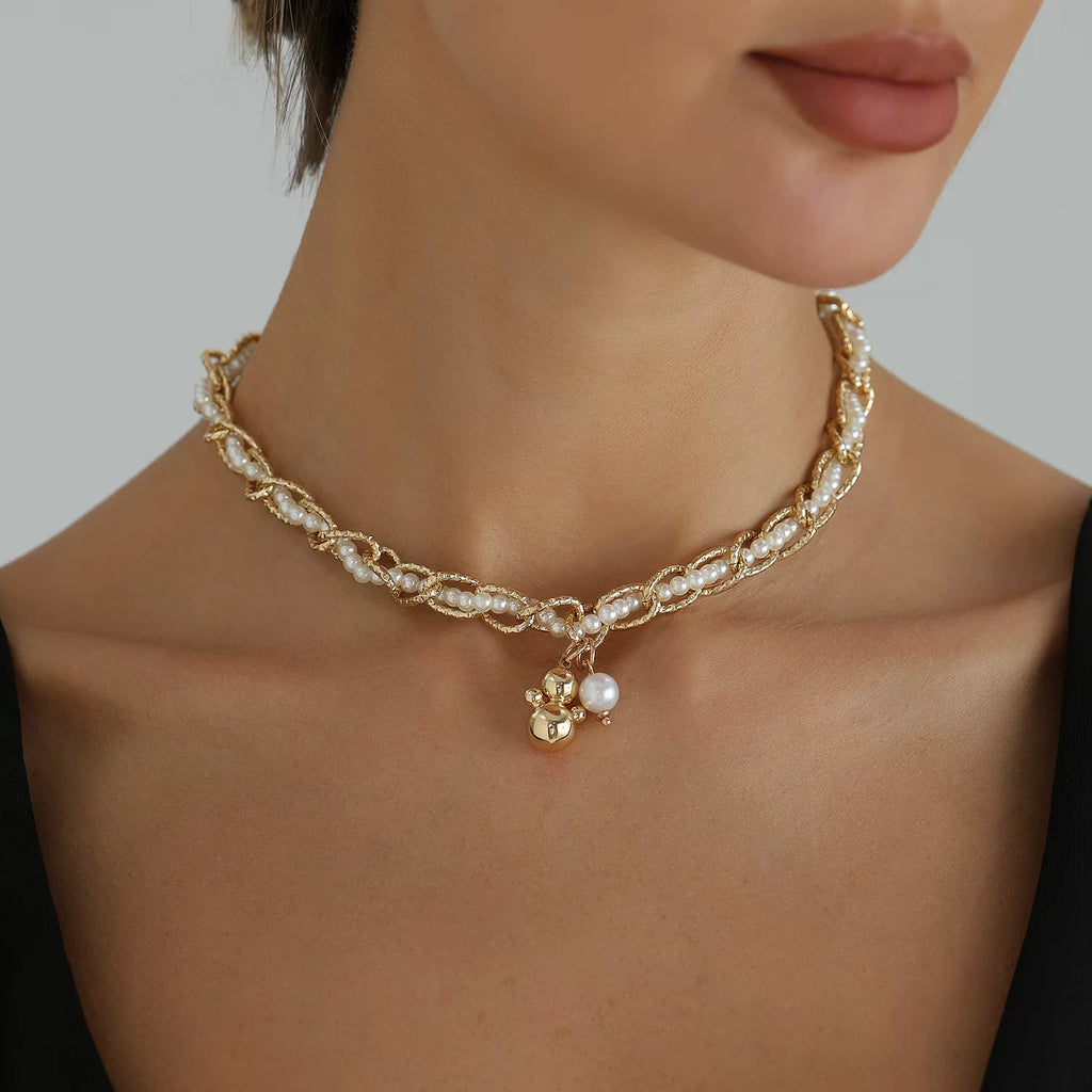 Twisted Metal Chain Wrapped Freshwater Pearl Pendant Necklace, Sculptural Tarnish Resistant Titanium Steel Everyday Jewelry