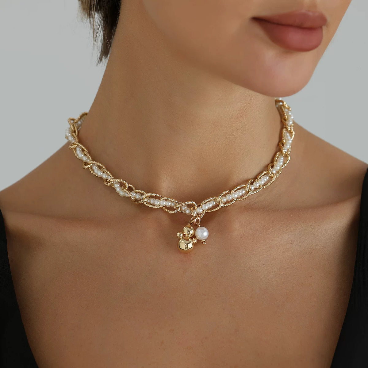 Twisted Metal Chain Wrapped Freshwater Pearl Pendant Necklace, Sculptural Tarnish Resistant Titanium Steel Everyday Jewelry