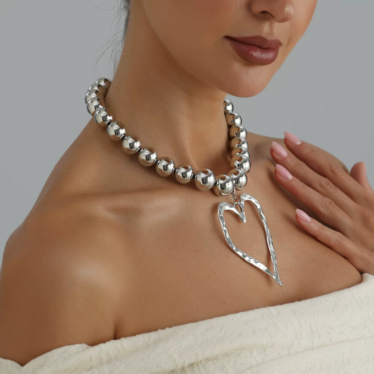 large oversized Metal Beads Zinc Alloy Big Love Pendant Necklace Silver Metal cool tone sculptural Versatile Daily bold statement jewelry