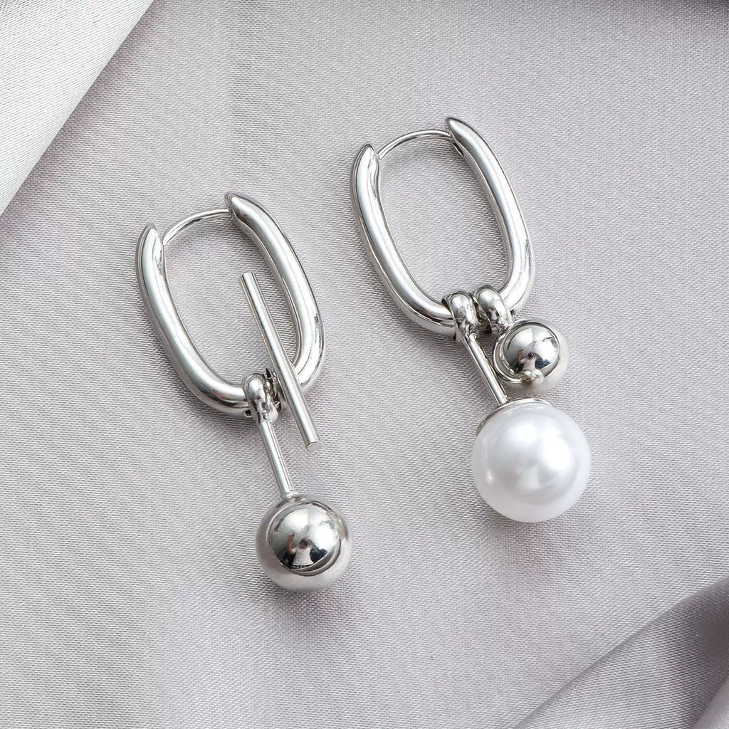 Metal mix with Pear l U-shaped Hollow Geometric Pendant Ear Buckle | Zinc Alloy | Mixed Elements | Minimalist Niche | Fashion Simple silver cold tone