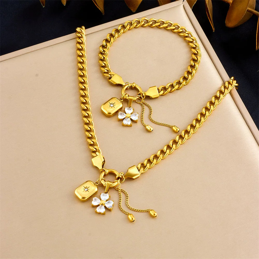 Diamond Flower Mango Star Square Pendant Fringe Chain Jewelry Set | gold tone Stainless Steel | wterproof | Necklaces and bracelets | effortless elegant Niche | luxury Fashion gift for her