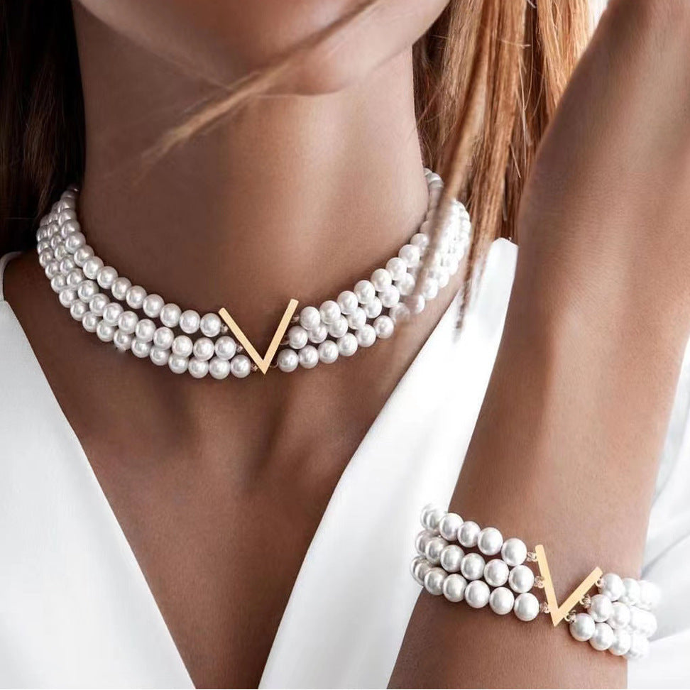 Multi-Layer Pearl Jewelry Set | KC Gold Alloy | Coquette Vintage | Necklace Bracelet Earrings Women