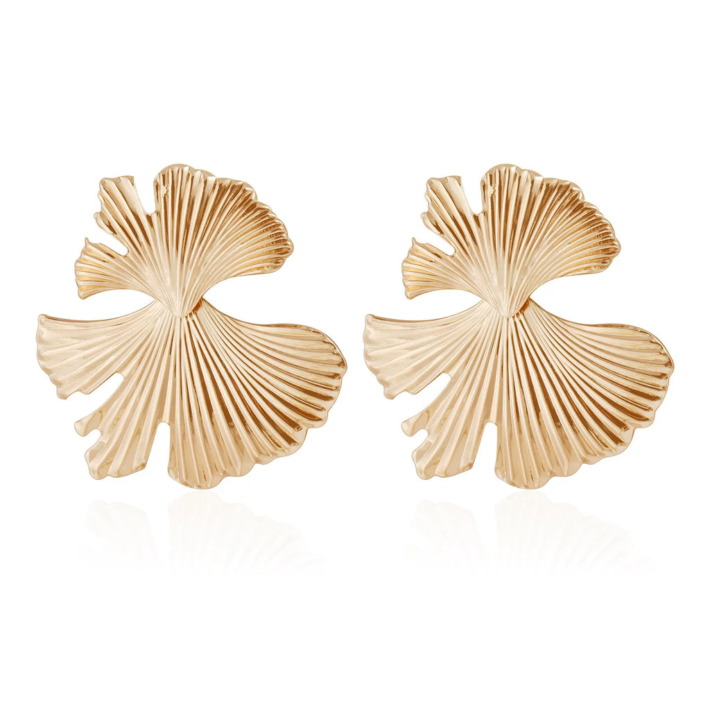 French Retro Ginkgo Leaf Metal  Gold Dangle Earrings, Natural Plant Texture Zinc Alloy Minimalist Light Luxury Commute Jewelry