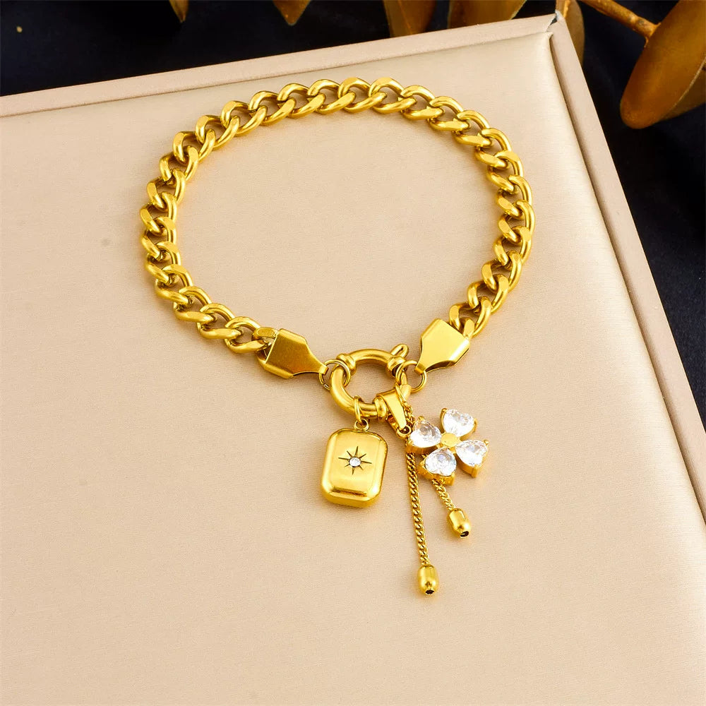 Diamond Flower Mango Star Square Pendant Fringe Chain Jewelry Set | gold tone Stainless Steel | wterproof | Necklaces and bracelets | effortless elegant Niche | luxury Fashion gift for her