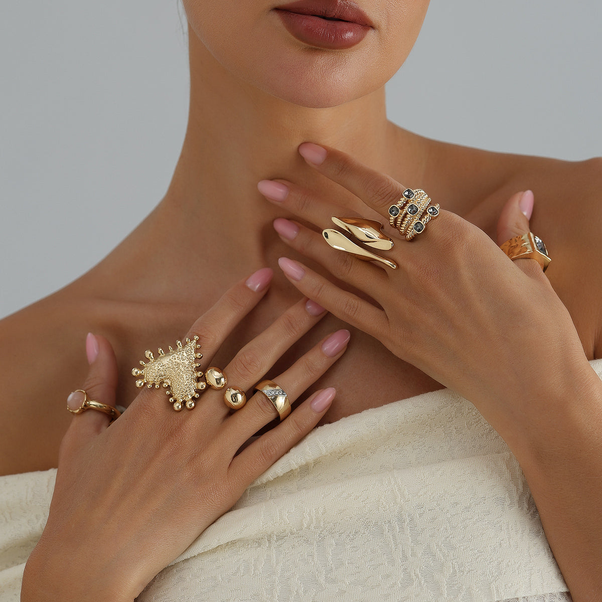 Geometric Gemstone Inlay Ring Set | Alloy Adjustable | Y2K Niche Minimalist | Personalized Fashion Women