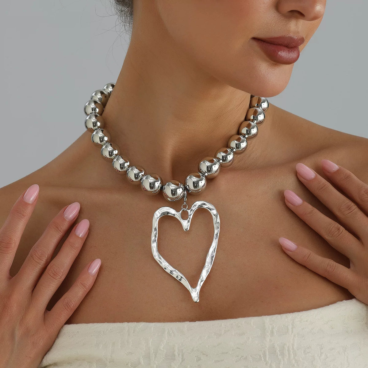 large oversized Metal Beads Zinc Alloy Big Love Pendant Necklace Silver Metal cool tone sculptural Versatile Daily bold statement jewelry