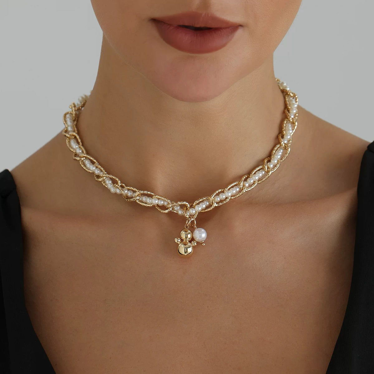 Twisted Metal Chain Wrapped Freshwater Pearl Pendant Necklace, Sculptural Tarnish Resistant Titanium Steel Everyday Jewelry
