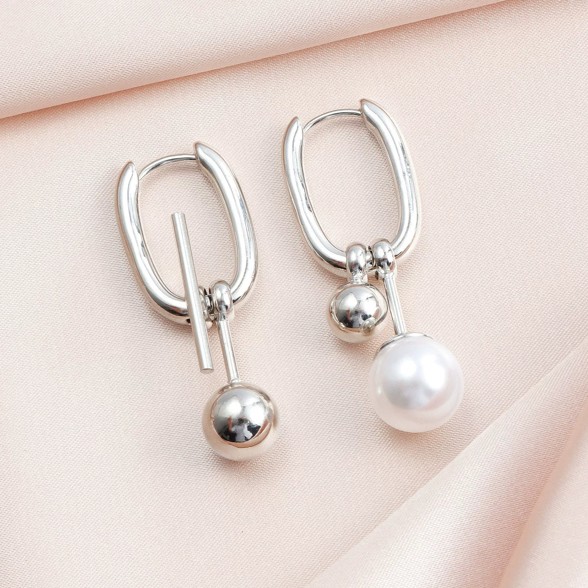 Metal mix with Pear l U-shaped Hollow Geometric Pendant Ear Buckle | Zinc Alloy | Mixed Elements | Minimalist Niche | Fashion Simple silver cold tone