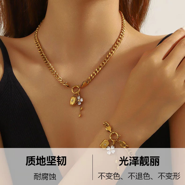 Diamond Flower Mango Star Square Pendant Fringe Chain Jewelry Set | gold tone Stainless Steel | wterproof | Necklaces and bracelets | effortless elegant Niche | luxury Fashion gift for her