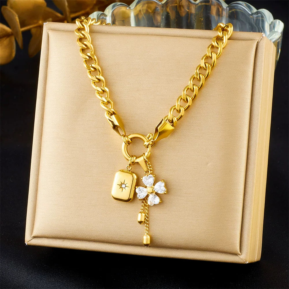 Diamond Flower Mango Star Square Pendant Fringe Chain Jewelry Set | gold tone Stainless Steel | wterproof | Necklaces and bracelets | effortless elegant Niche | luxury Fashion gift for her