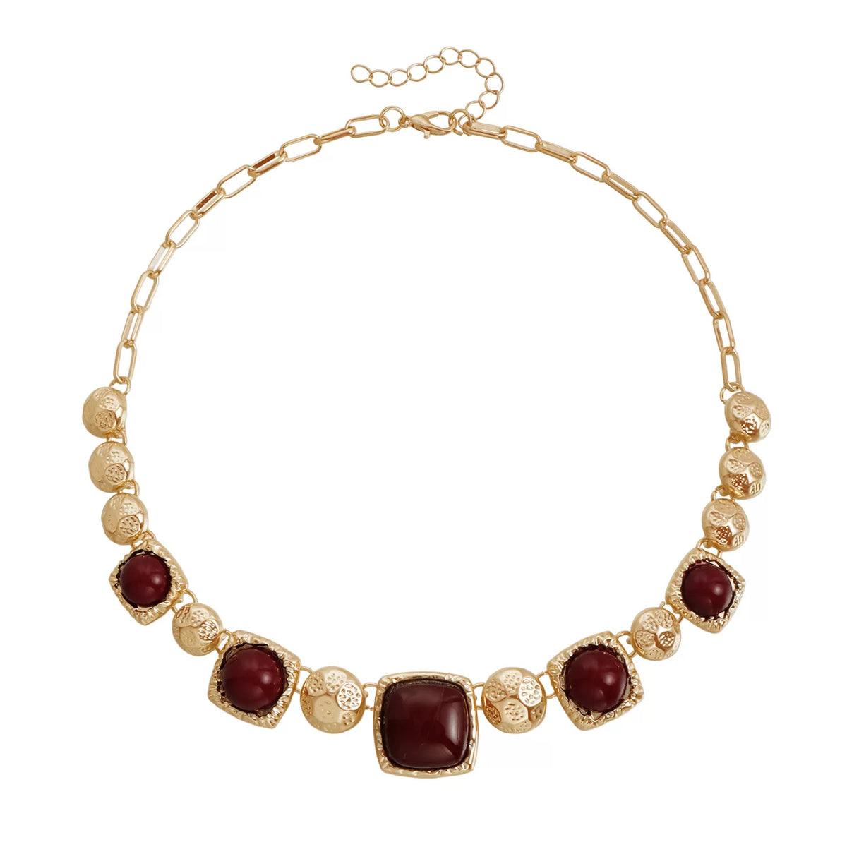 Medieval vintage dark hue bump gold metal multi element polished gold metal faceted colored gemstone geometric square panel necklace light luxury collarbone chain