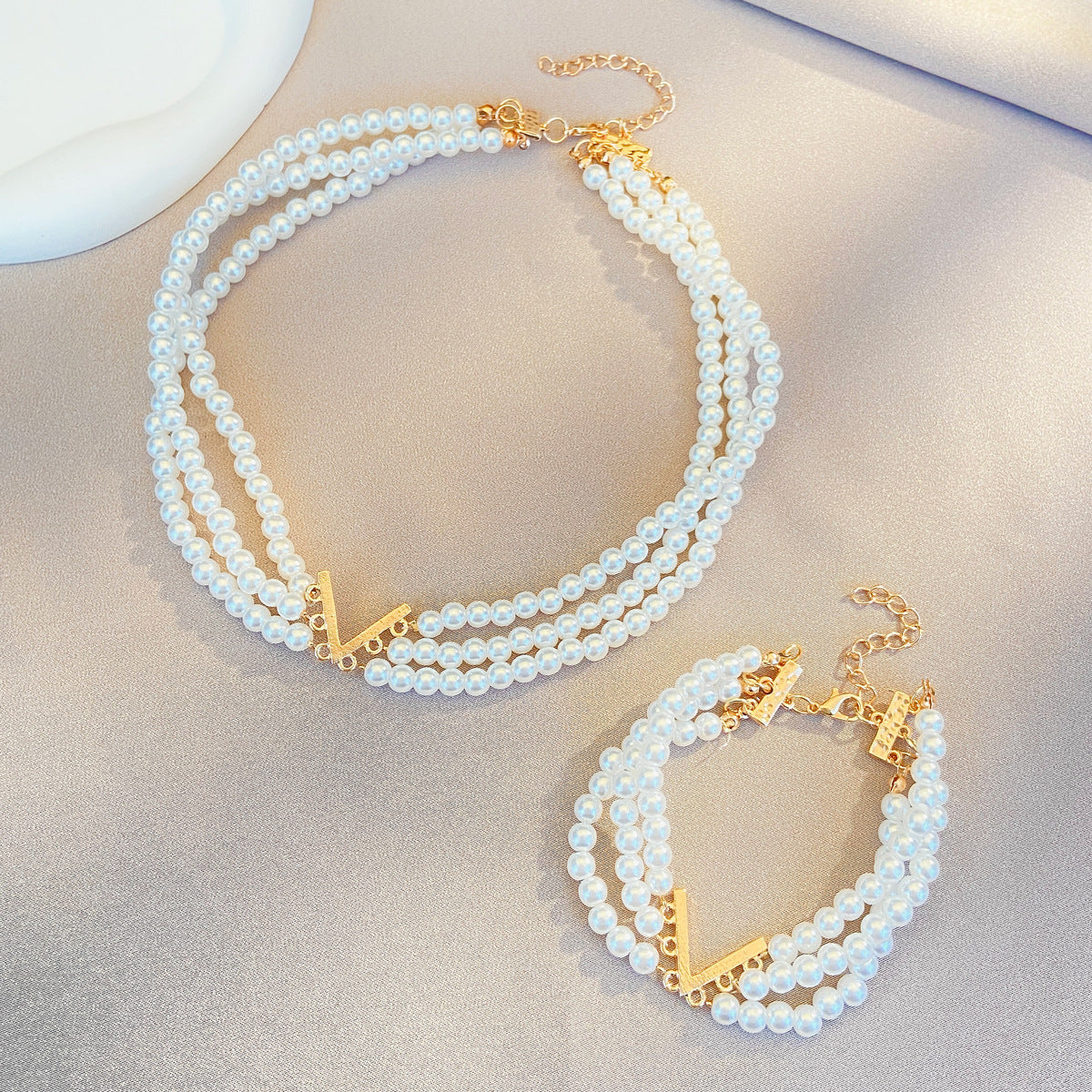 Multi-Layer Pearl Jewelry Set | KC Gold Alloy | Coquette Vintage | Necklace Bracelet Earrings Women