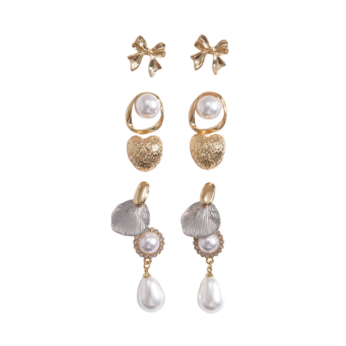 Metal Pearl Earrings Set | Forged Metal with pearl Silver Needle | Vintage Sculptural Cold tone | Daily Wear Gift