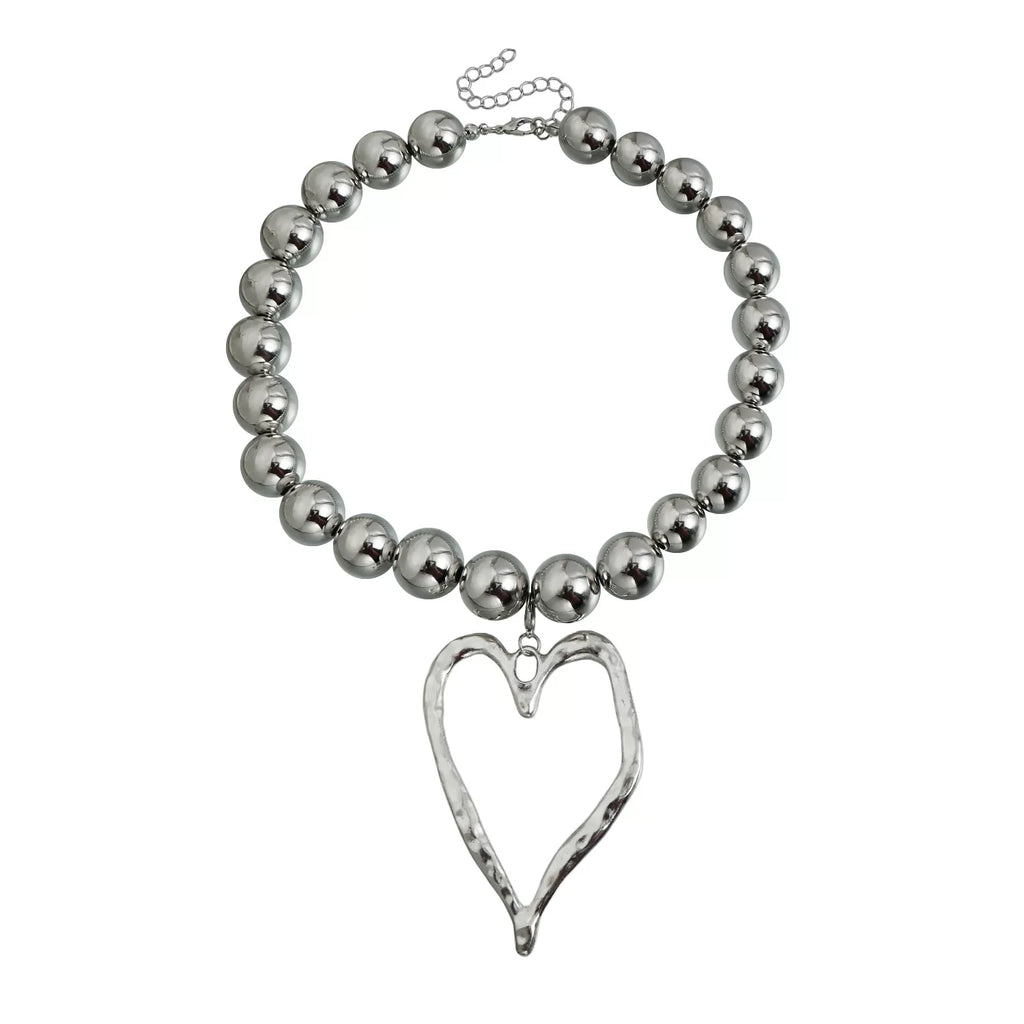 large oversized Metal Beads Zinc Alloy Big Love Pendant Necklace Silver Metal cool tone sculptural Versatile Daily bold statement jewelry