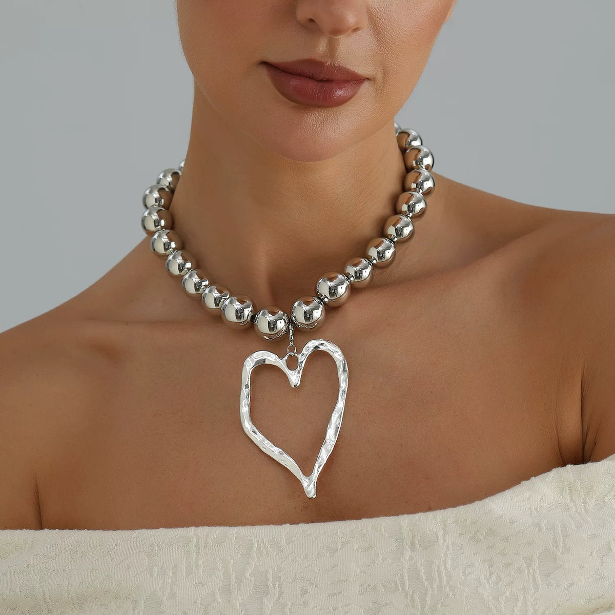 large oversized Metal Beads Zinc Alloy Big Love Pendant Necklace Silver Metal cool tone sculptural Versatile Daily bold statement jewelry