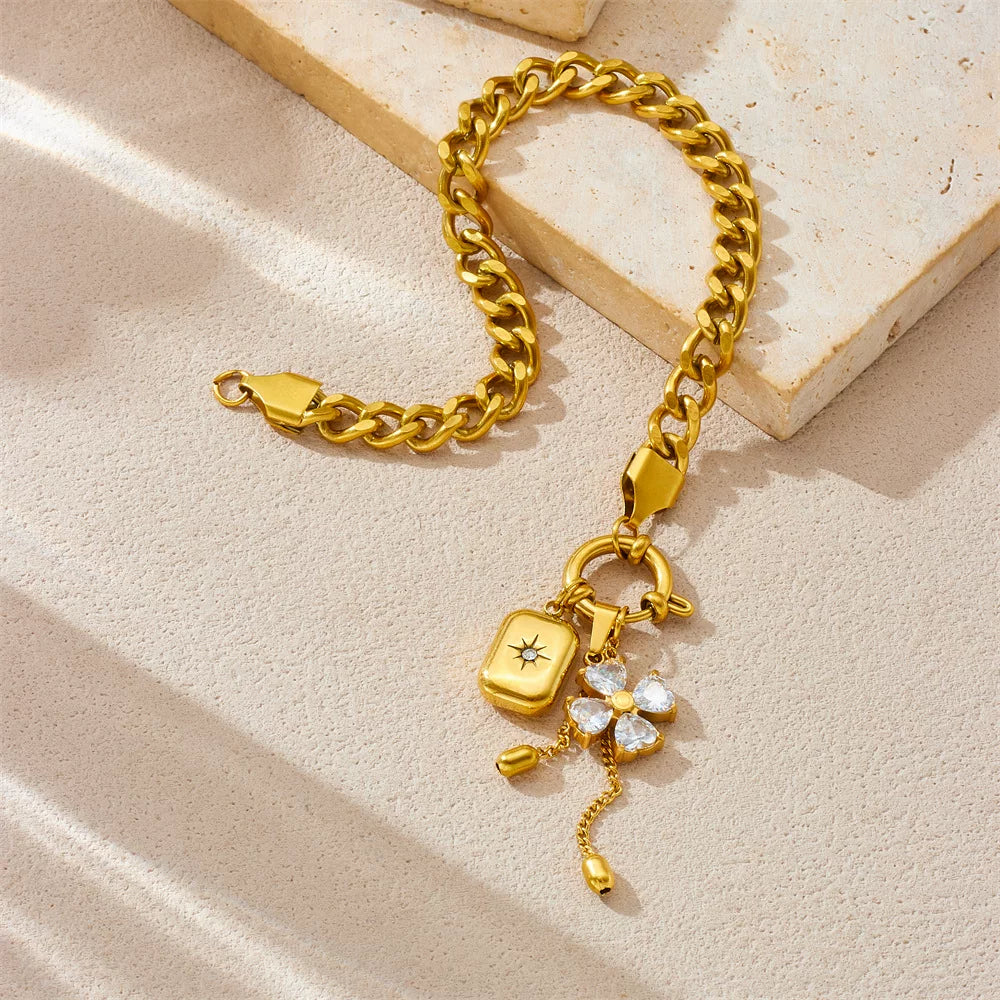 Diamond Flower Mango Star Square Pendant Fringe Chain Jewelry Set | gold tone Stainless Steel | wterproof | Necklaces and bracelets | effortless elegant Niche | luxury Fashion gift for her