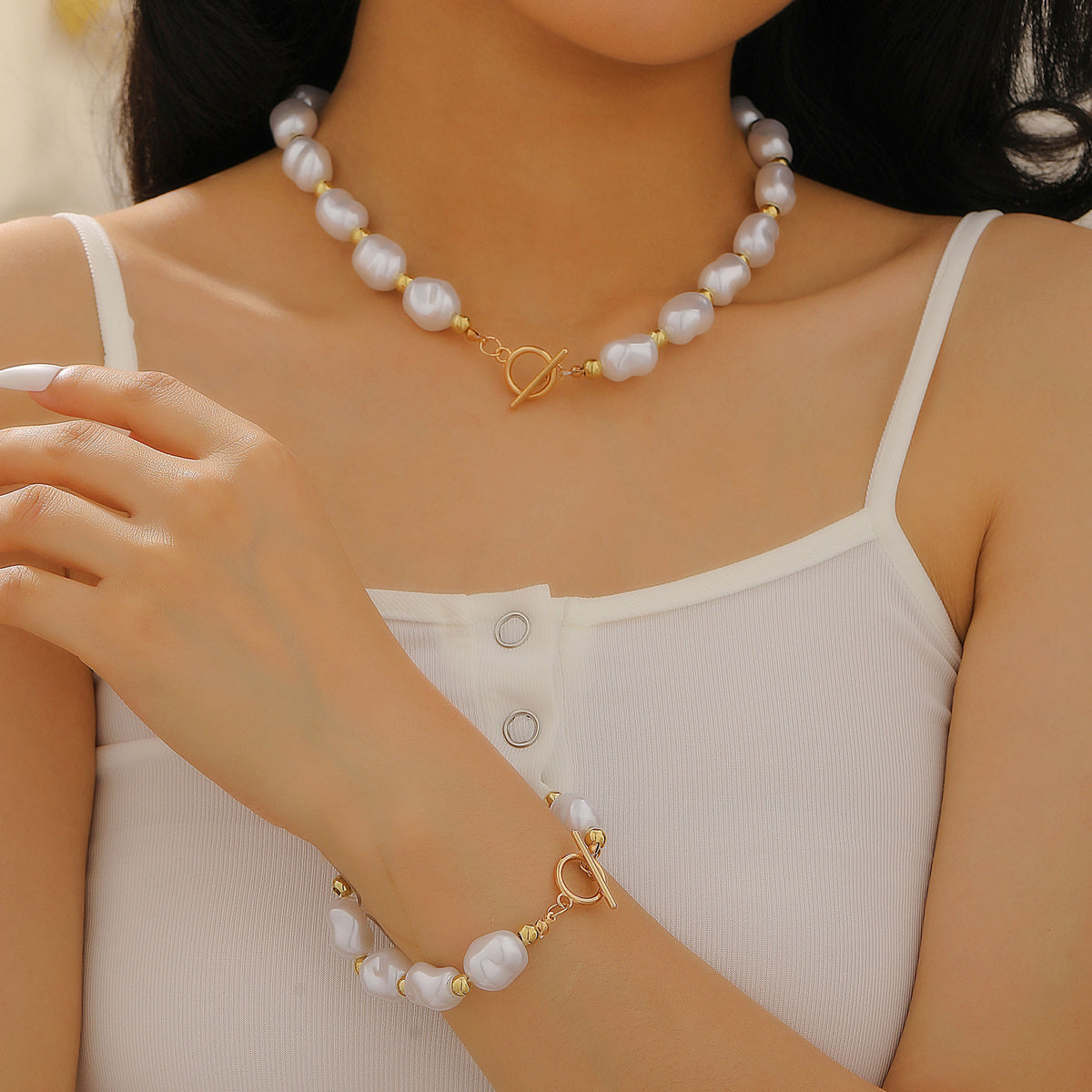 Multi-Layer Pearl Jewelry Set | KC Gold Alloy | Coquette Vintage | Necklace Bracelet Earrings Women