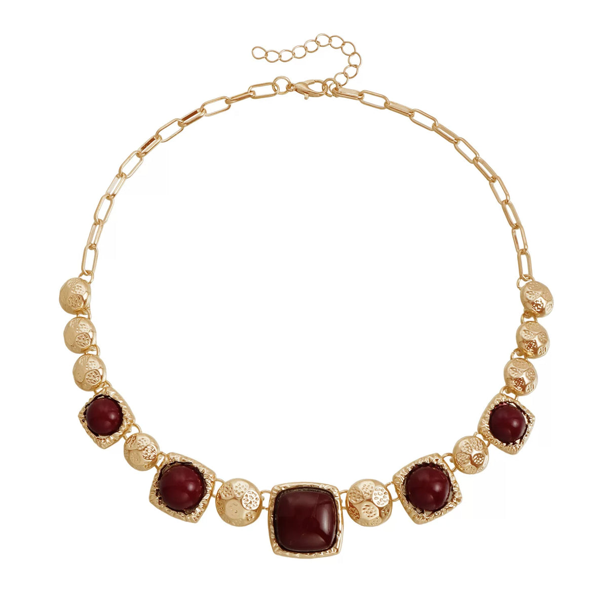 Medieval vintage dark hue bump gold metal multi element polished gold metal faceted colored gemstone geometric square panel necklace light luxury collarbone chain